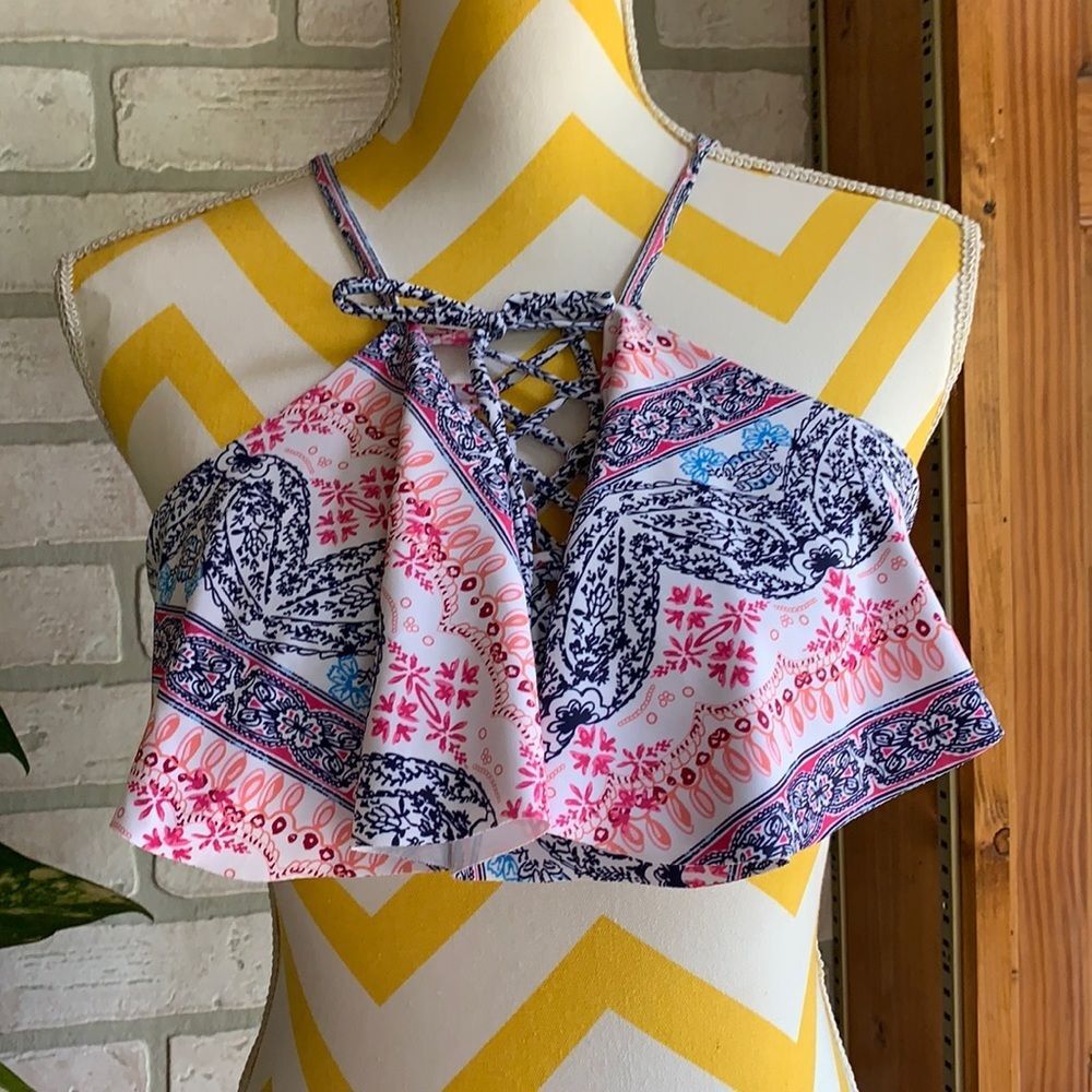 Shein Ruffle Floral Paisley Geo Western Boho Lace Up Bikini Swimsuit Top S